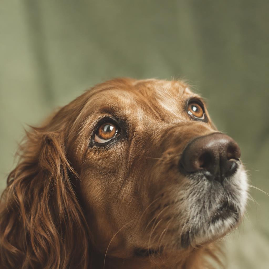 A dog's soft amber eyes gazing upward