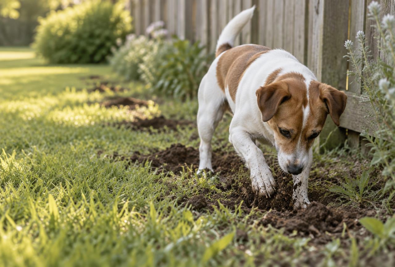 A small terrier digging along a fence line in a garden lawn with several shallow holes in a row