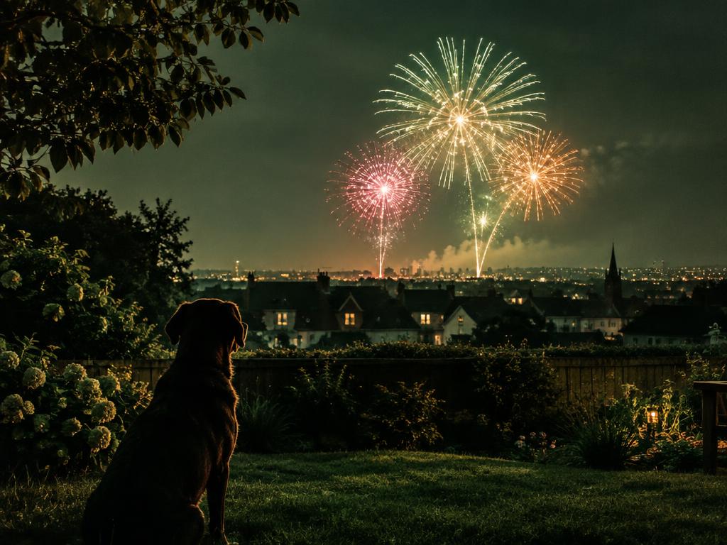 Fireworks over a neighbourhood skyline with a dog watching from a garden