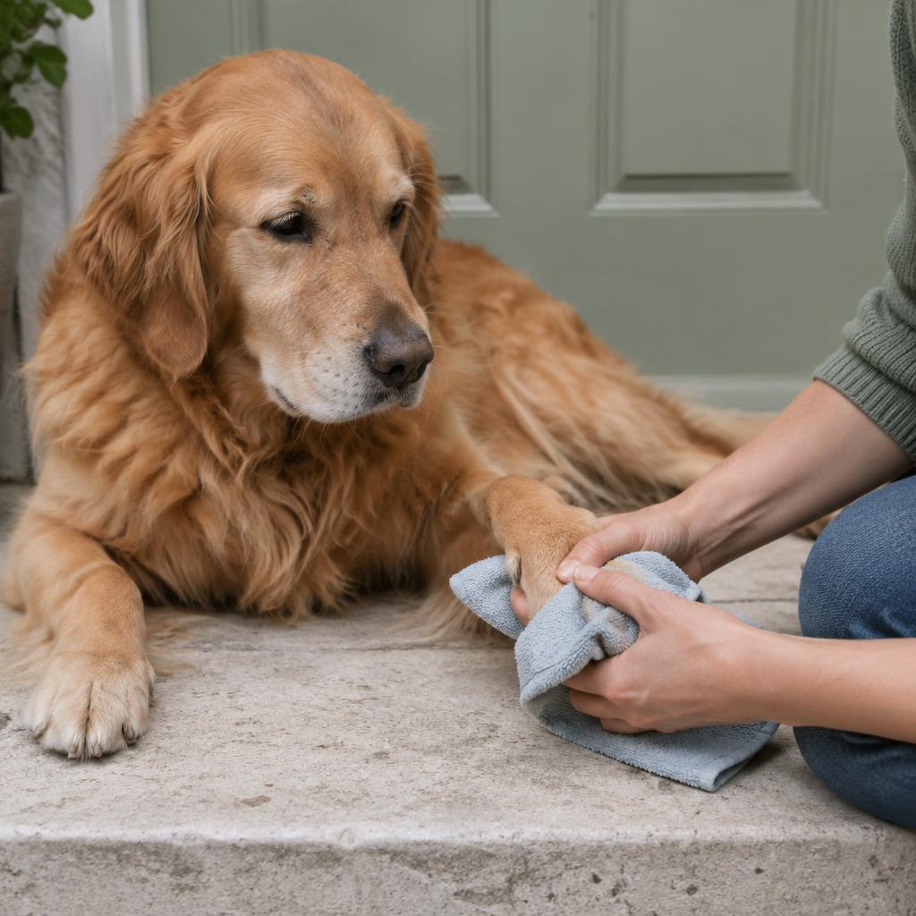 A cool cloth being held against a dog's paw