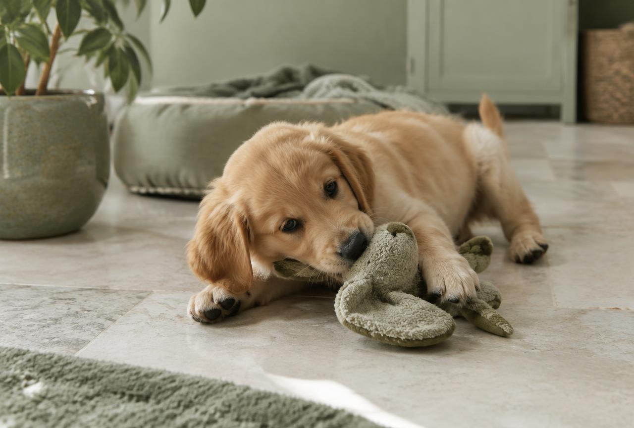 A young puppy playing with a soft toy on a pale floor