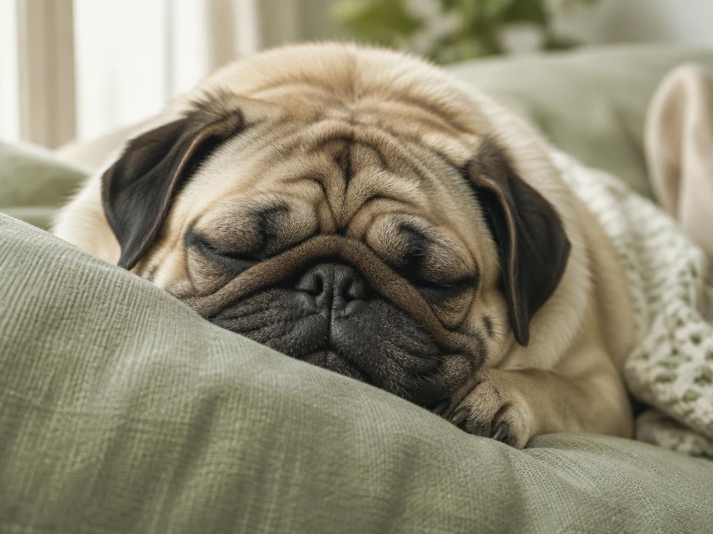 A close portrait of a sleeping Pug's wrinkled muzzle