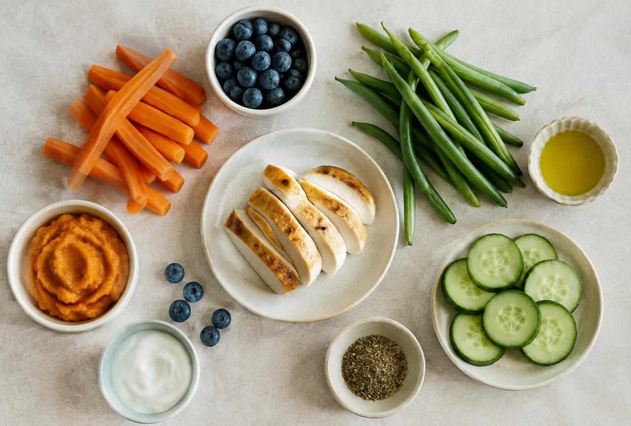 Flat lay of human foods that are safe for dogs