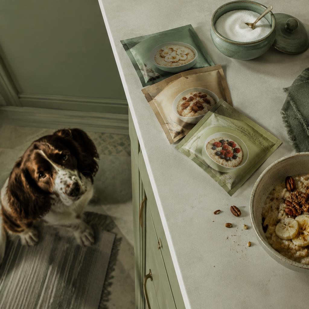 Flavoured oatmeal sachets and a sugar bowl on a counter with a dog watching from the floor