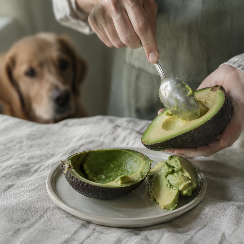 A person scooping ripe avocado flesh onto a plate while a dog watches in the background