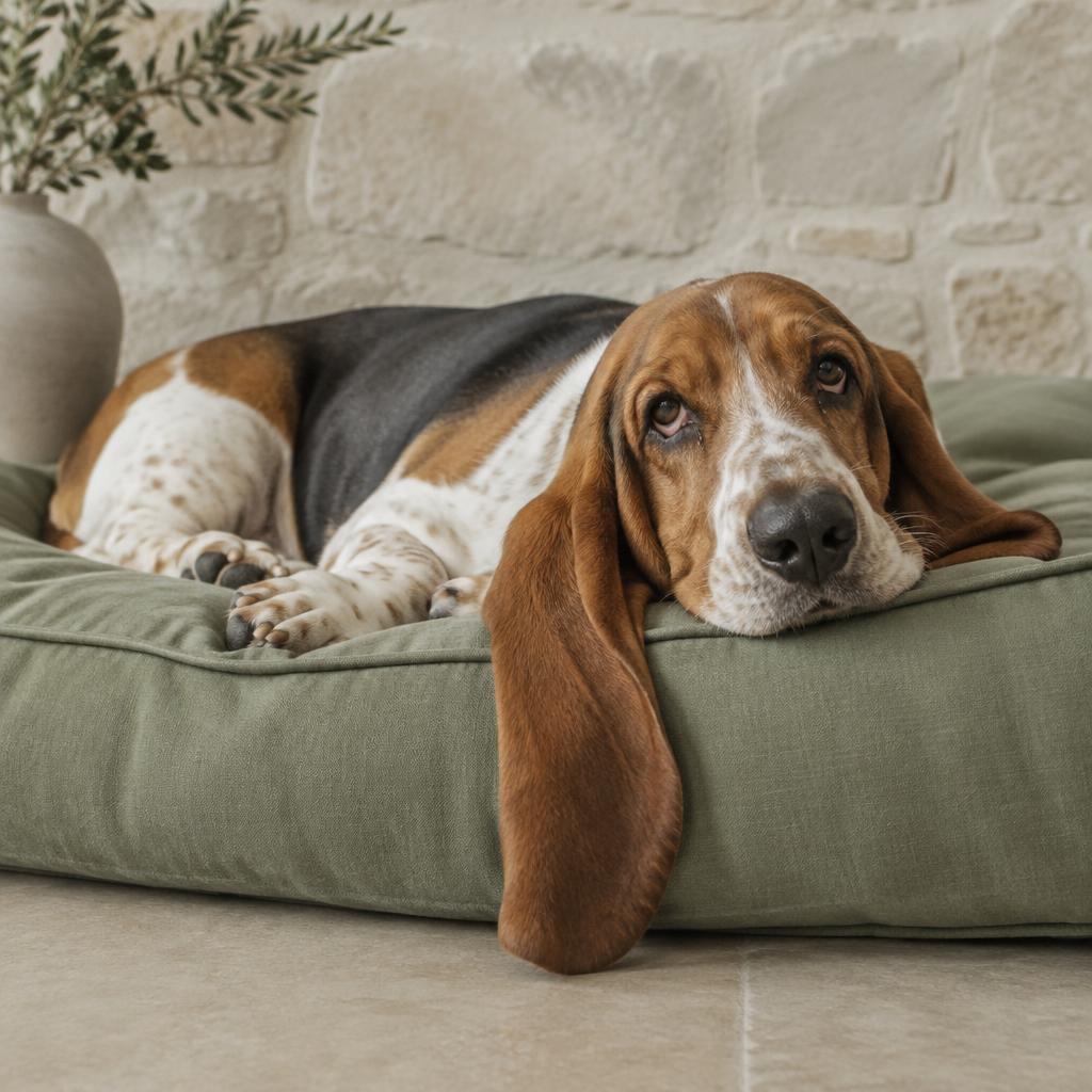 A basset hound with long floppy ears resting on a cushion