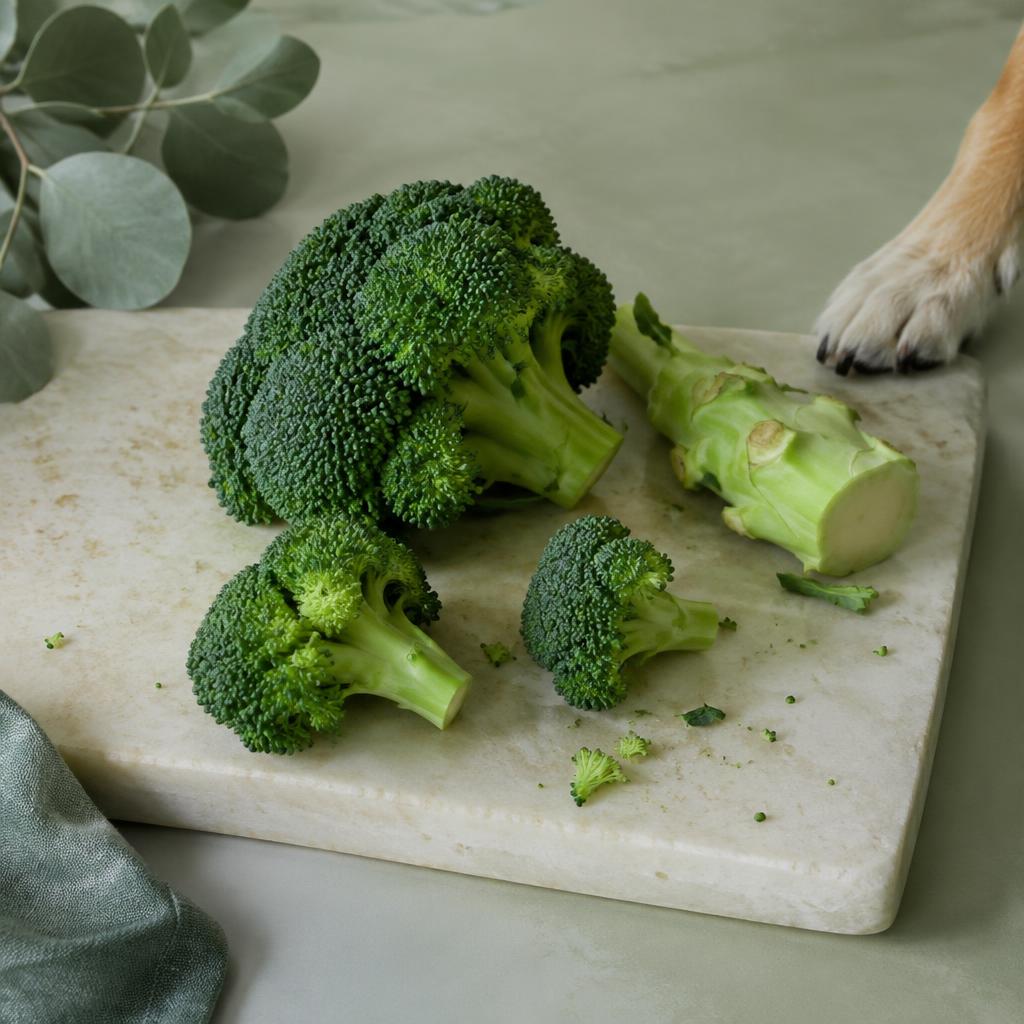 Broccoli florets and stem on a pale chopping board with a dog's paw nearby