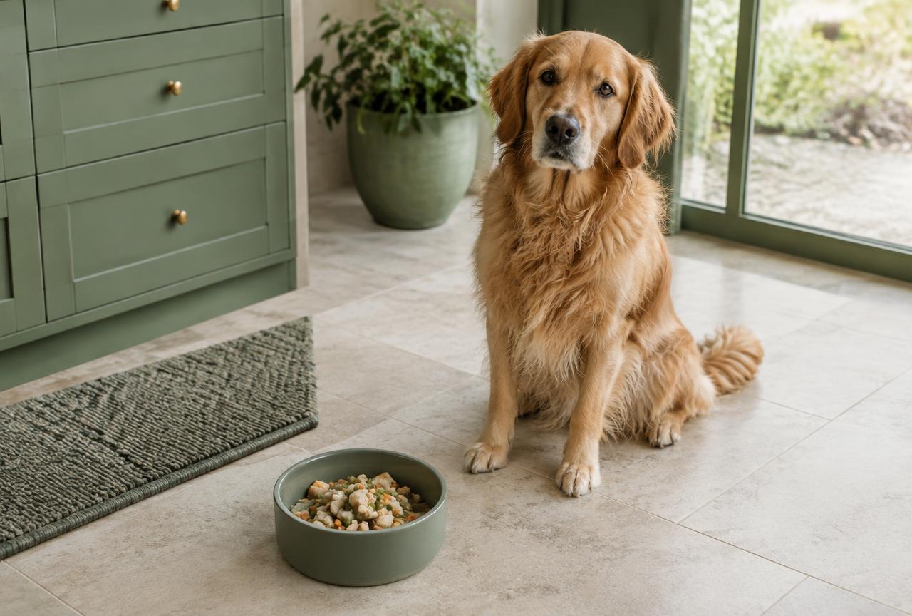 A dog waiting beside a bowl of simple limited-ingredient food on a kitchen floor