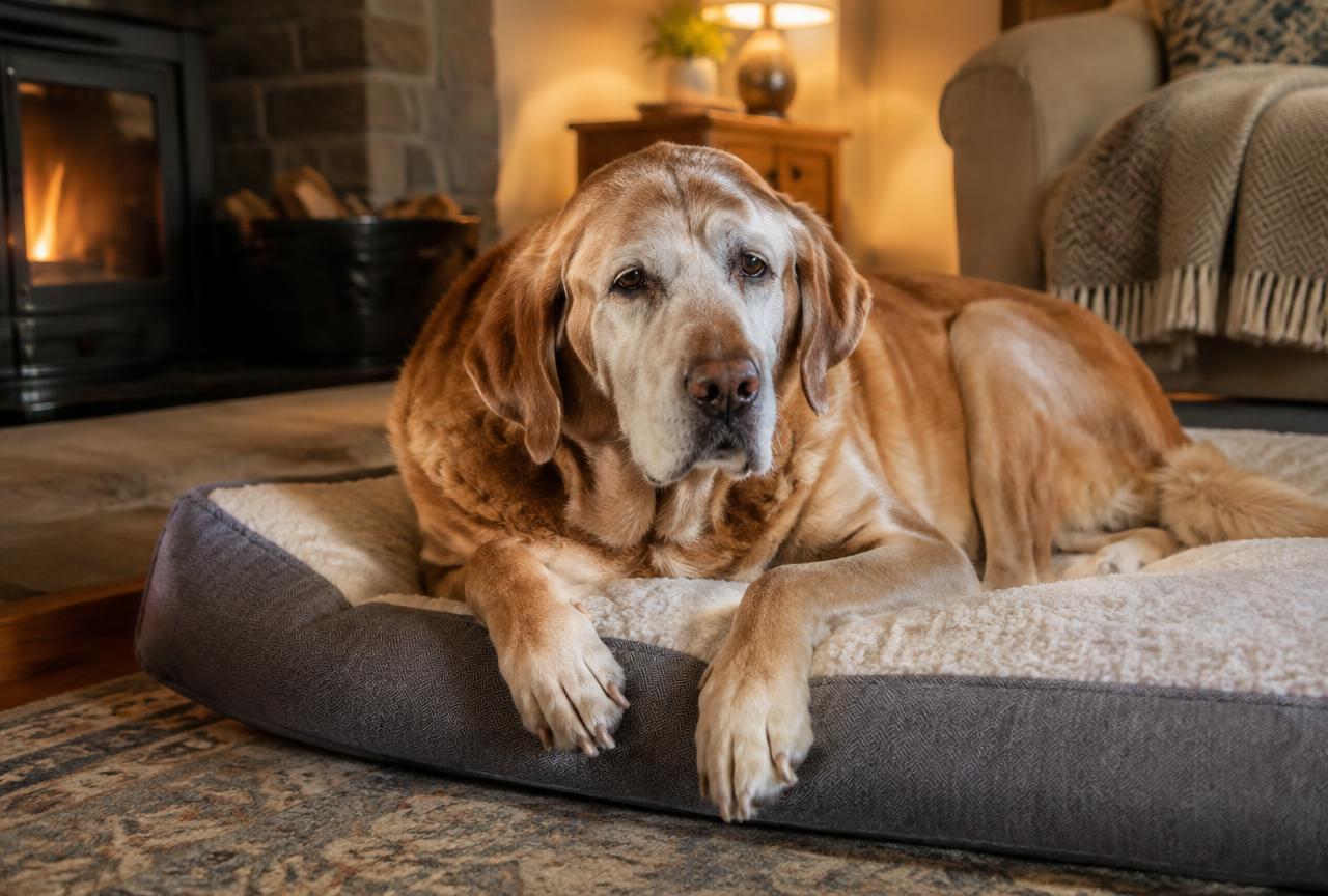 A senior large-breed dog lying comfortably on a supportive orthopaedic bed indoors