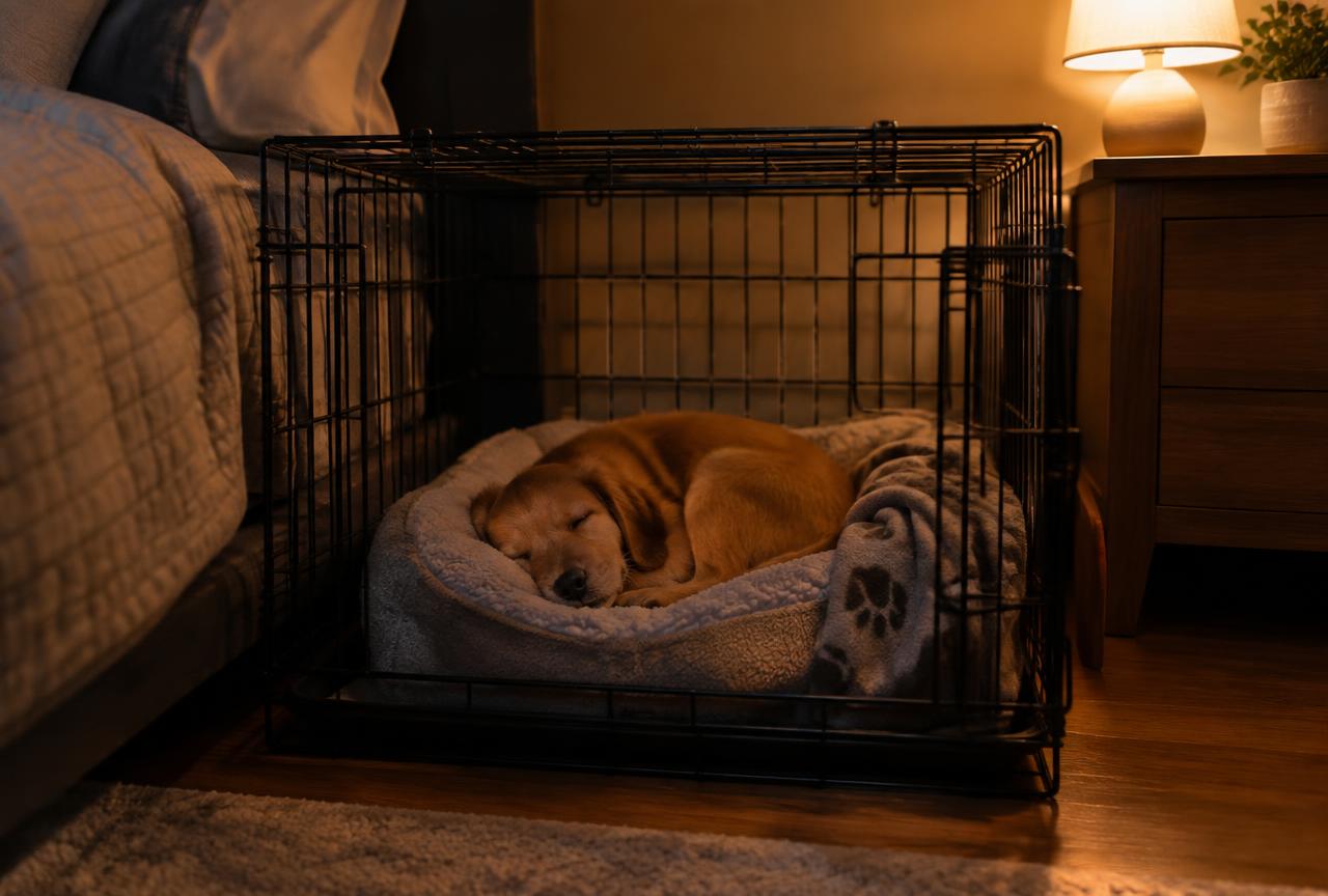 A puppy sleeping peacefully curled up inside a crate at night with soft ambient lighting
