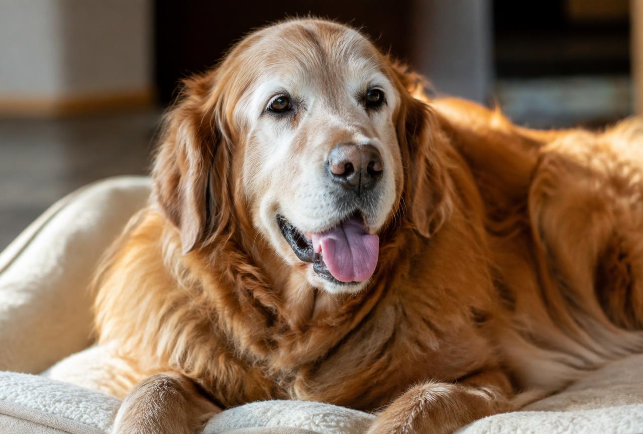 A senior dog resting comfortably on a bed with its mouth slightly open