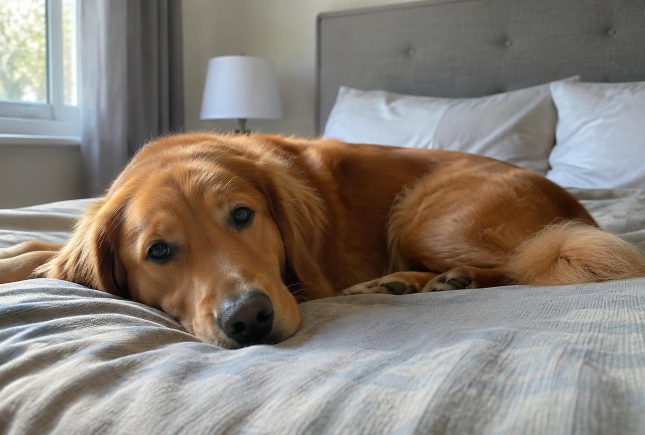A relaxed dog lying quietly on a bed indoors after exercise