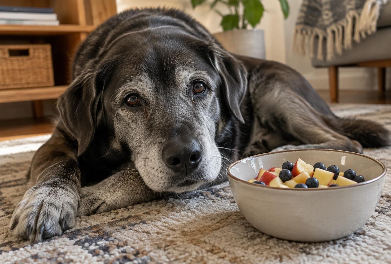 An older dog lying on a rug near a bowl containing chopped apple, blueberries and strawberries