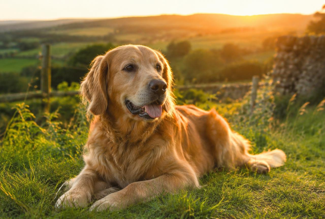 A dog lying calmly and contentedly on grass after a countryside walk