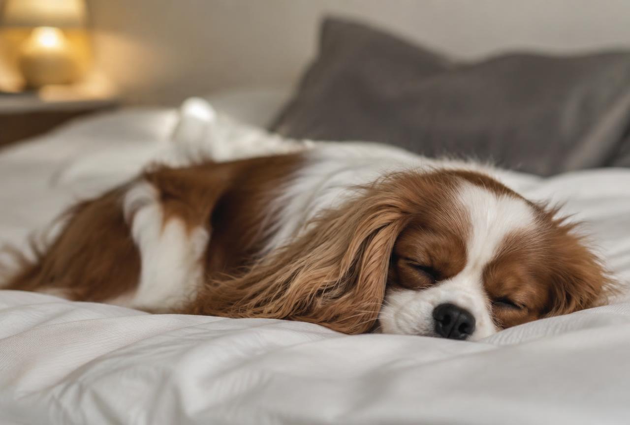 A relaxed dog lying comfortably on a bed in soft indoor lighting