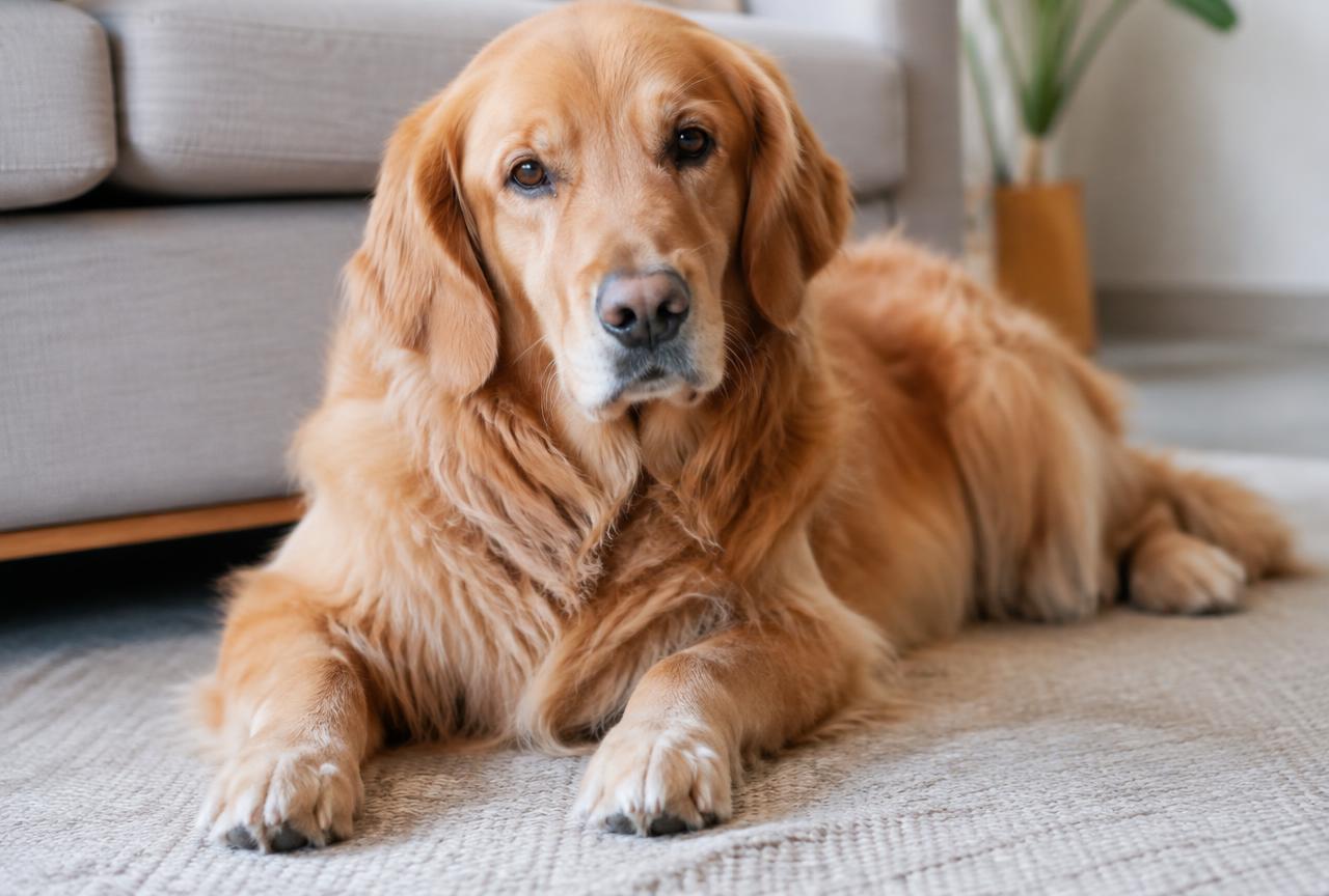 A relaxed dog lying on a rug indoors with visibly clean, healthy paws