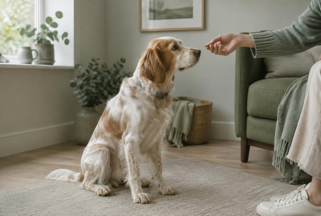 A dog sitting calmly while a hand offers a treat at knee height
