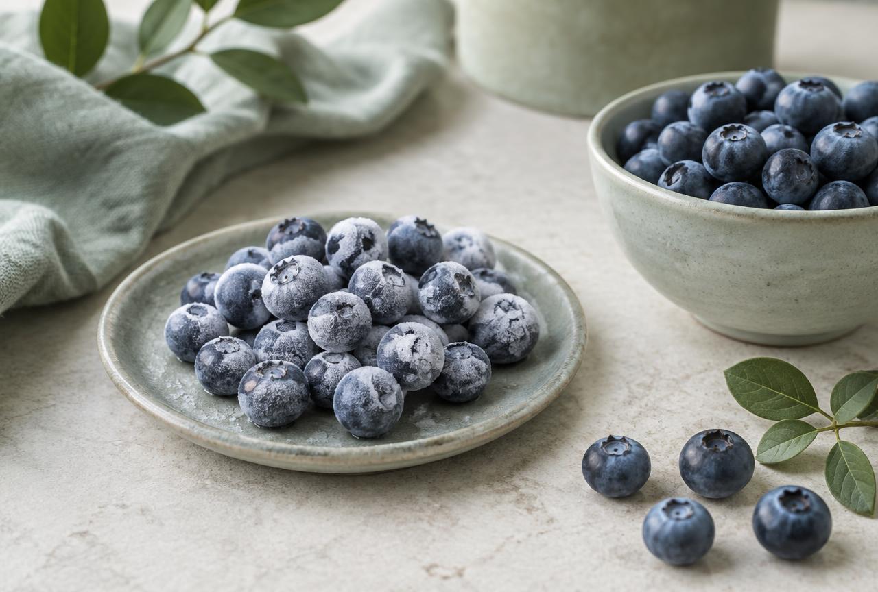 Frozen blueberries on a small chilled plate next to fresh ones