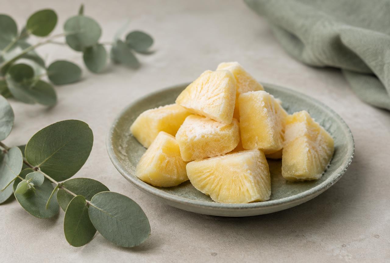 Frozen pineapple chunks with light frost on a small plate