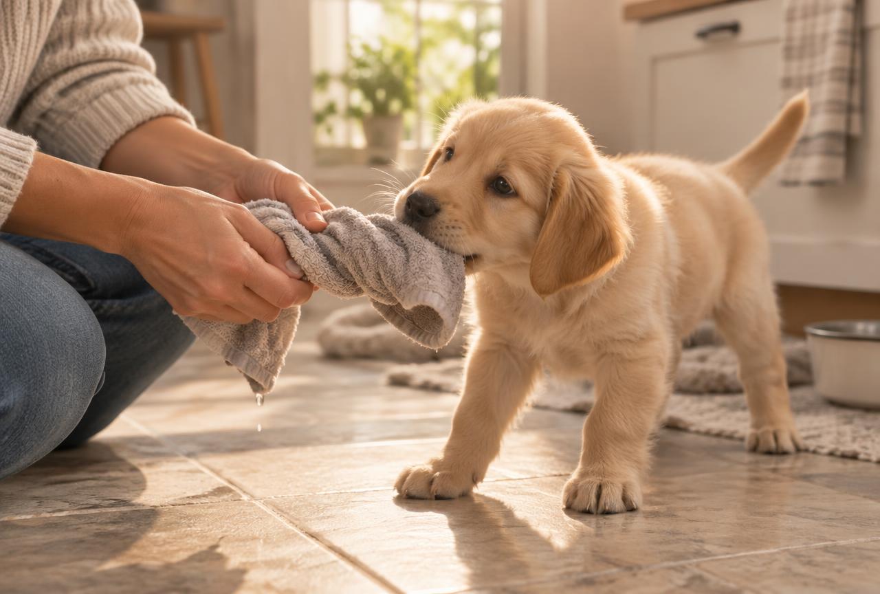 A person holding a damp twisted washcloth for a small puppy to mouth