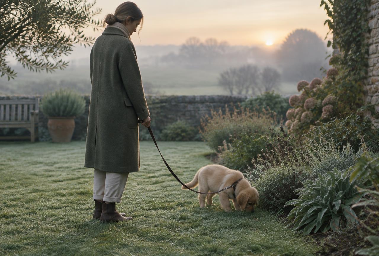 A woman in a long green coat standing on a frosty lawn at dawn holding a lead while a golden puppy sniffs the grass