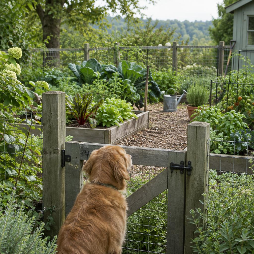 A dog watching a fenced vegetable garden from behind a gate