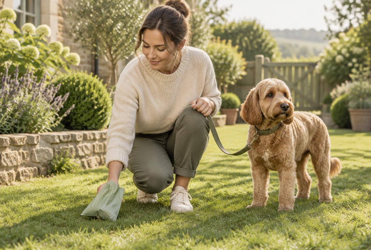 A person picking up after their dog on a tidy lawn while the dog waits on a lead