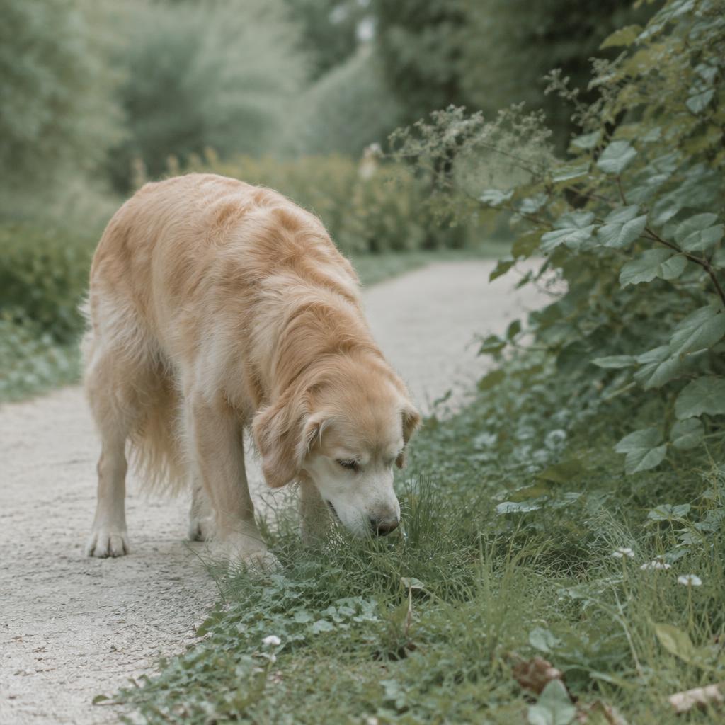 A dog eating grass at the edge of a garden path