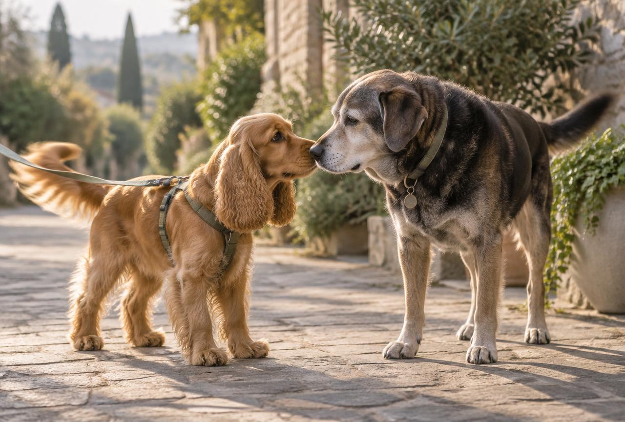 A cocker spaniel and an older dog sniffing nose to nose on a sunny pavement, both tails loose and moving
