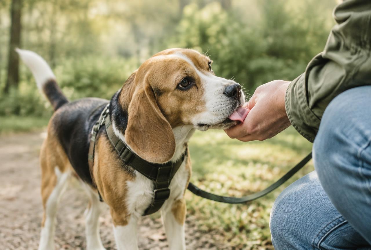 A beagle gently licking its owner's hand during a walk in a park with soft green foliage behind