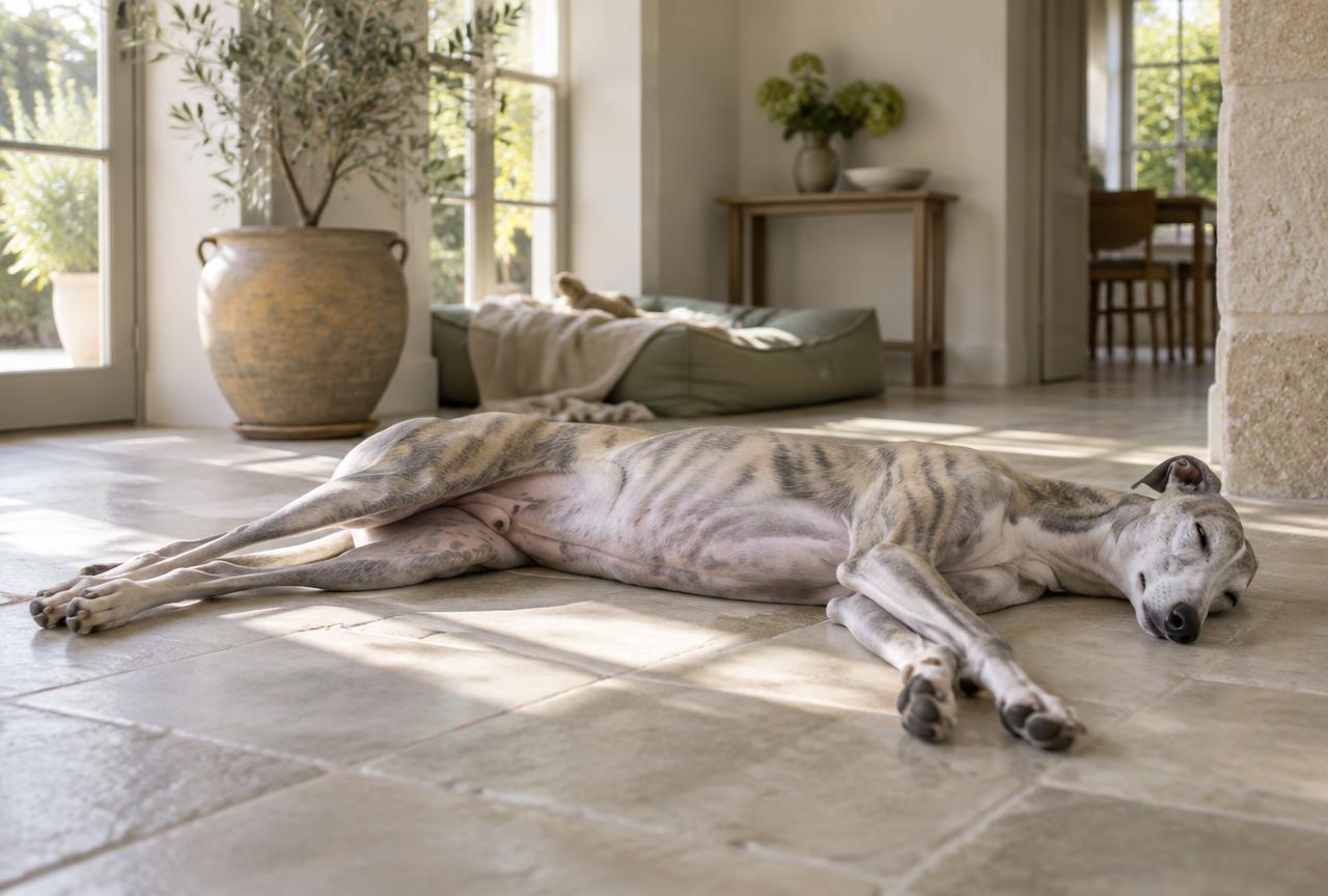 A large greyhound stretched fully out on its side on a cool tiled floor in a sunlit room