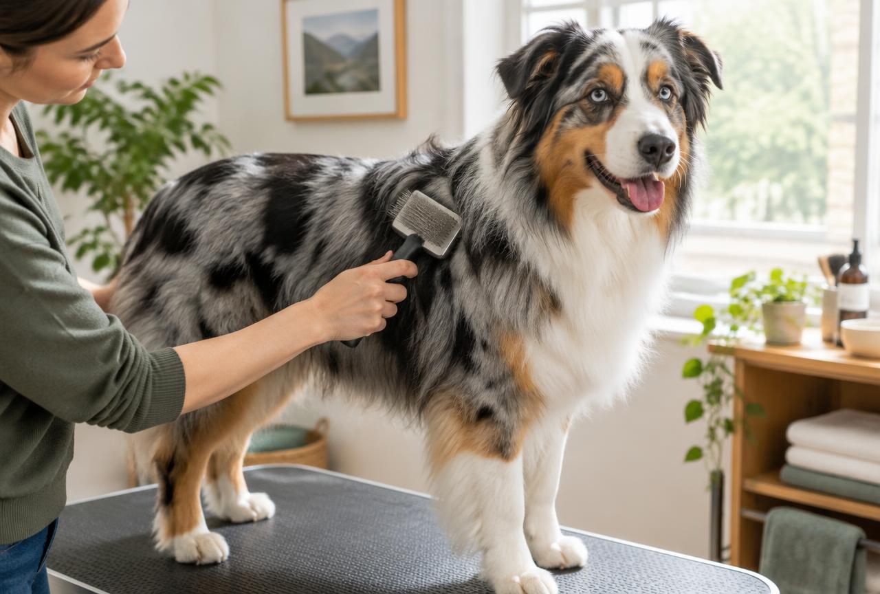 A person using a slicker brush on an Australian Shepherd