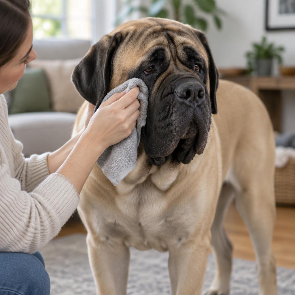 A person brushing an English Mastiff's coat with a rubber curry brush