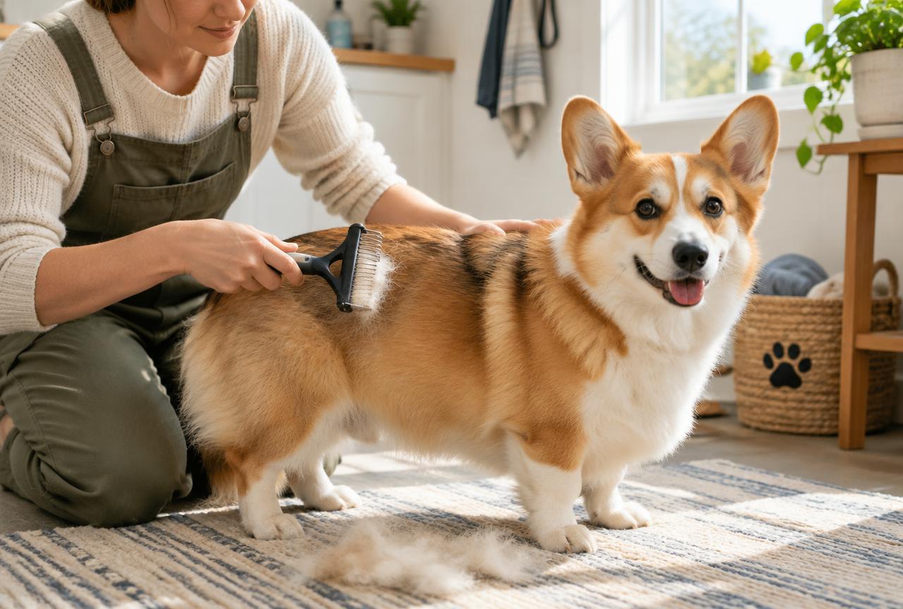 A person brushing a Corgi with a slicker brush