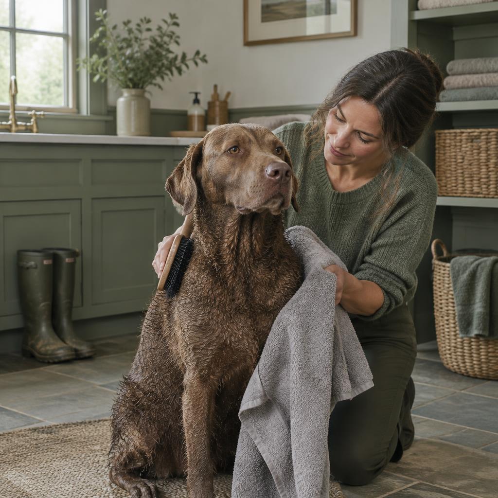 A Chesapeake Bay Retriever being towel-dried and brushed after a swim.