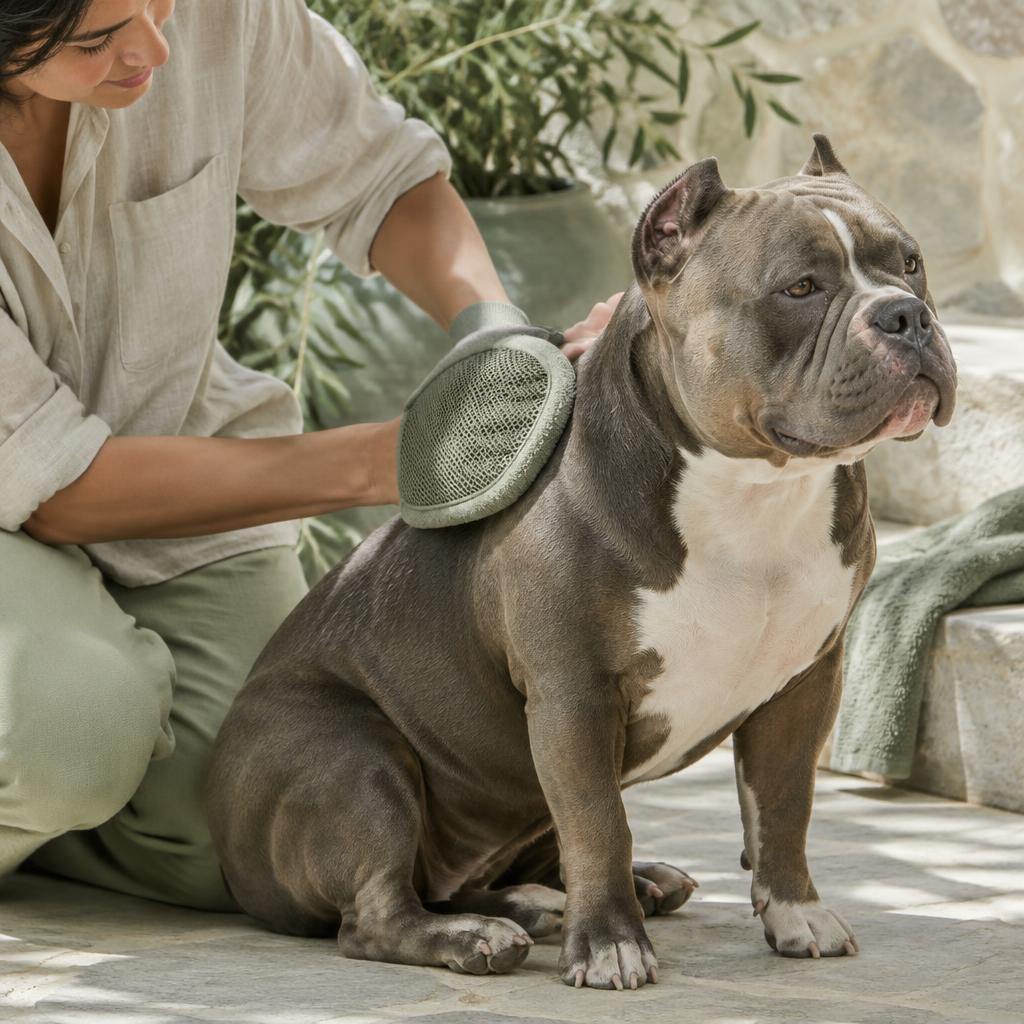 An owner using a rubber brush on an American Bully