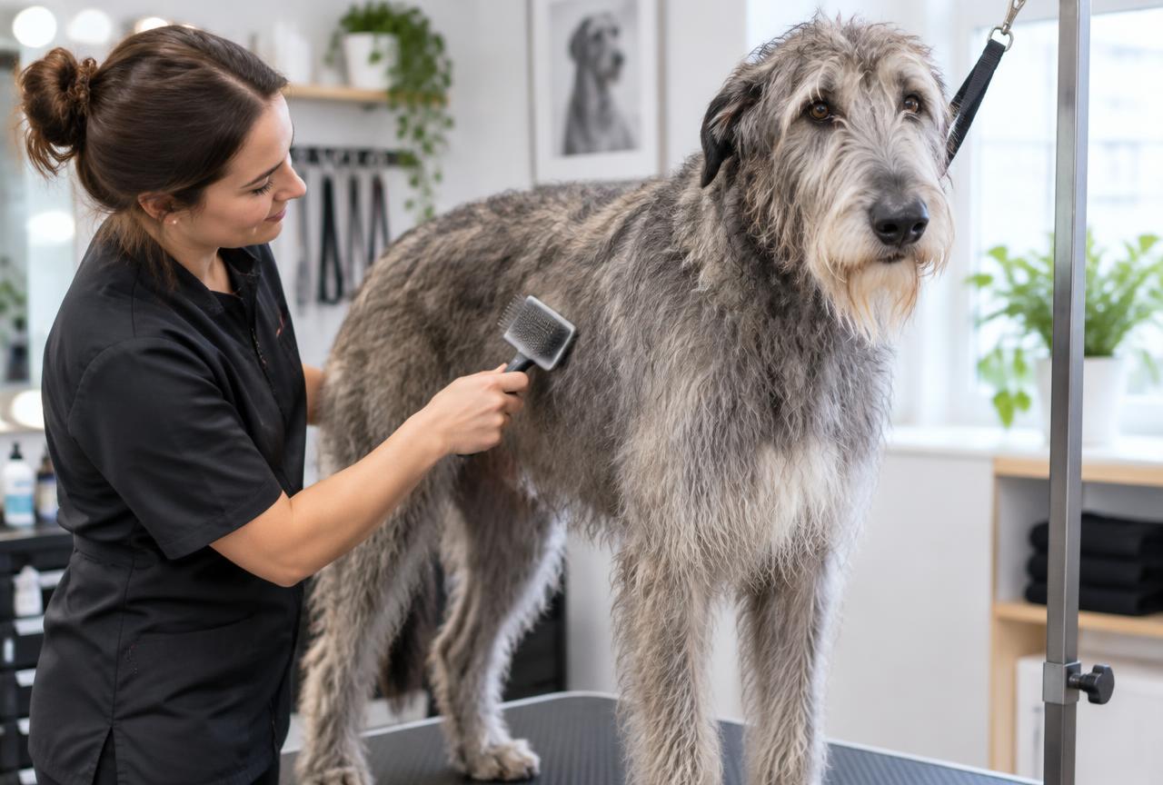 An Irish Wolfhound being hand-stripped and brushed on a grooming table