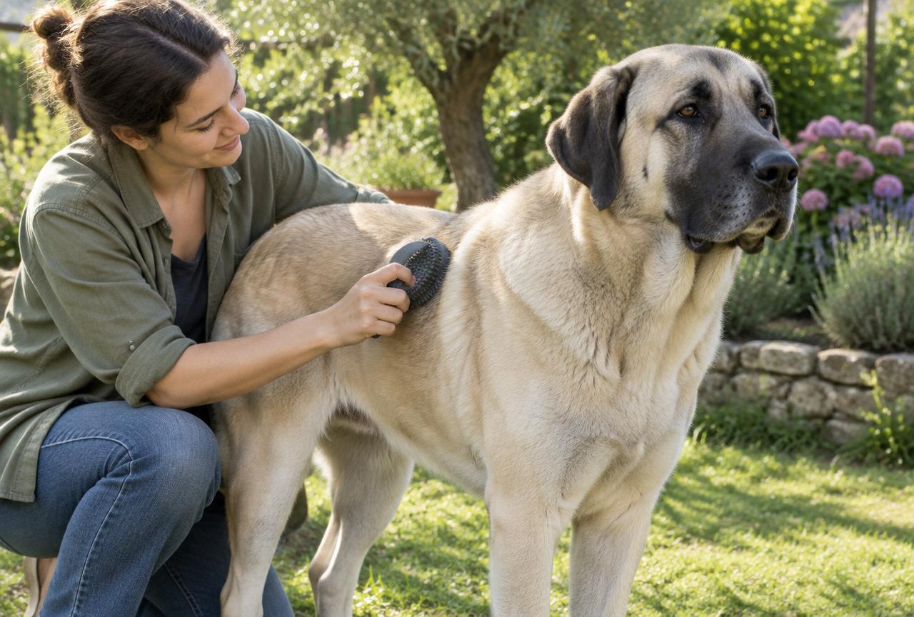 An owner brushing an Anatolian Shepherd's thick coat outdoors.