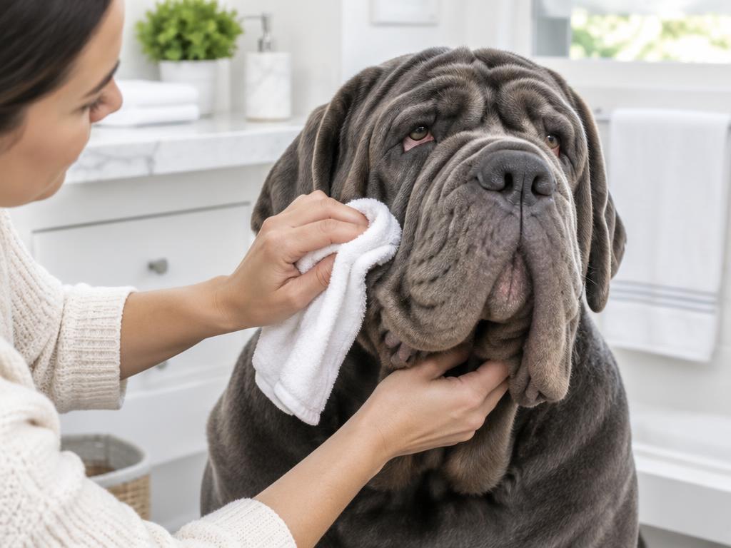 An owner gently cleaning the facial folds of a Neapolitan Mastiff.
