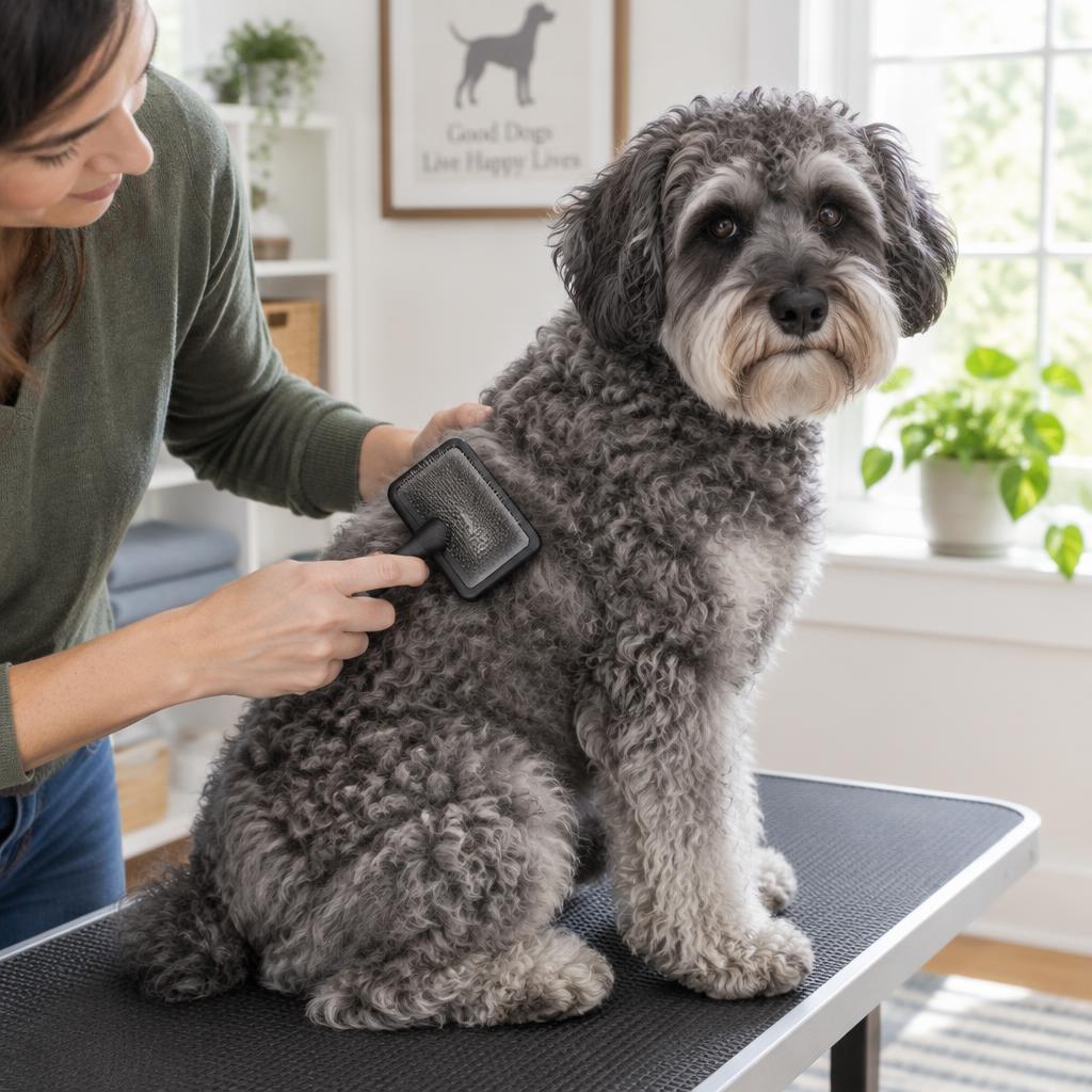 A person brushing a Schnoodle's curly coat with a slicker brush