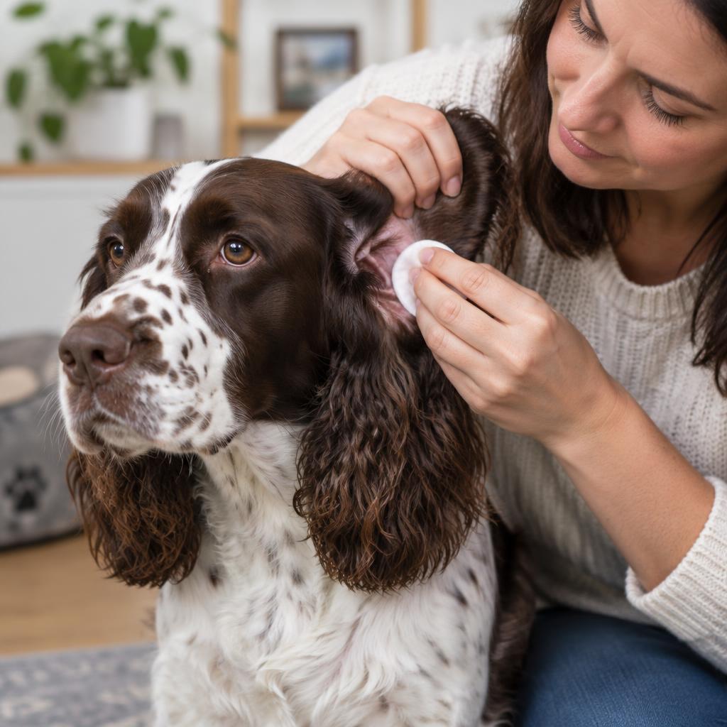 A person brushing the feathered ear of an English Springer Spaniel