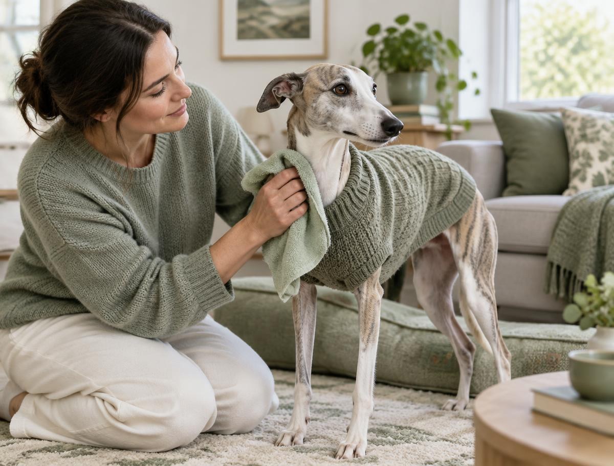 A person wiping down a Whippet's coat with a hound glove