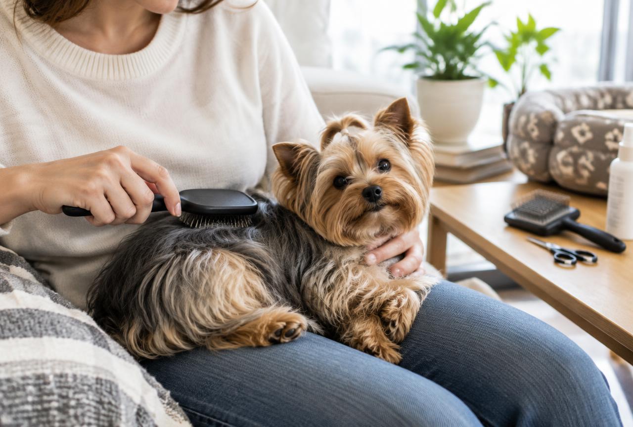 A person brushing a Yorkshire Terrier's long facial hair