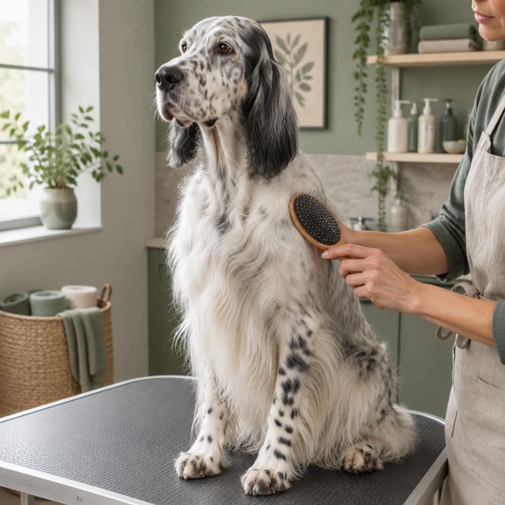 An English Setter being brushed on a grooming table.