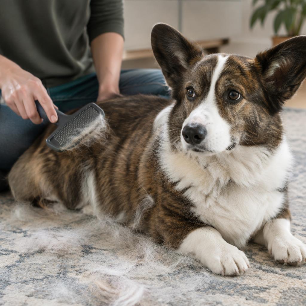 An owner brushing a Cardigan Welsh Corgi's coat with a slicker brush
