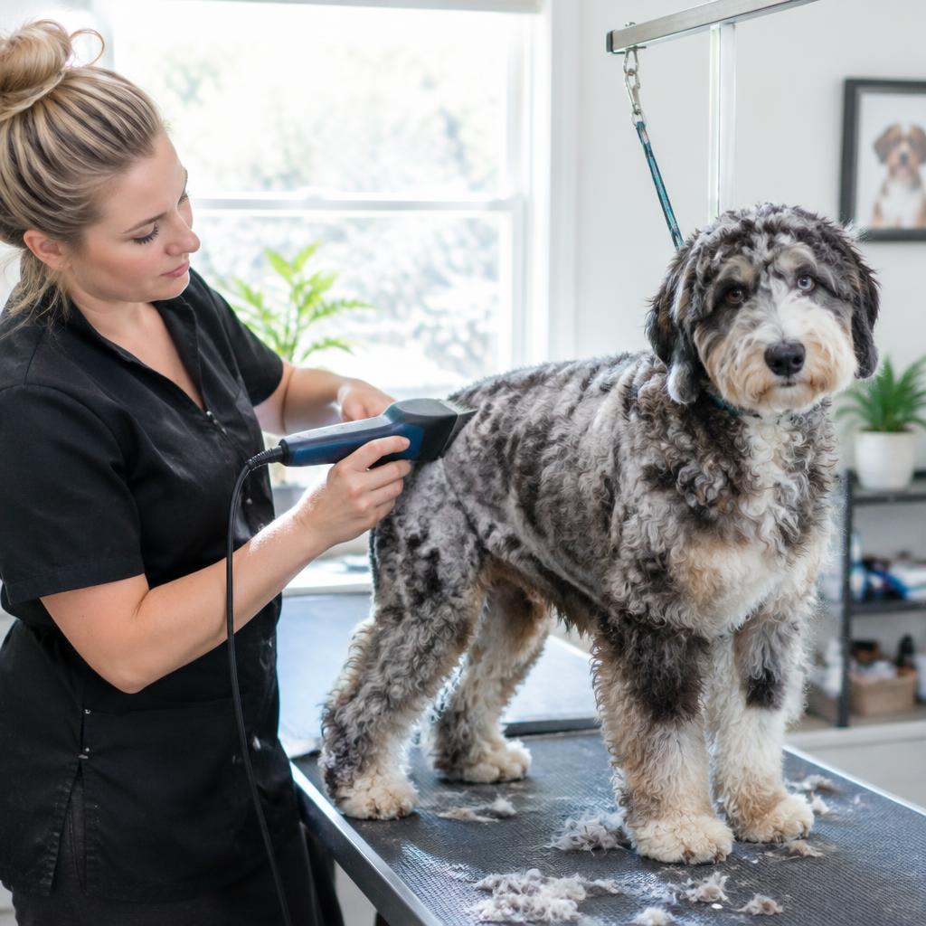 A groomer trimming an Aussiedoodle's leg feathering at a grooming table