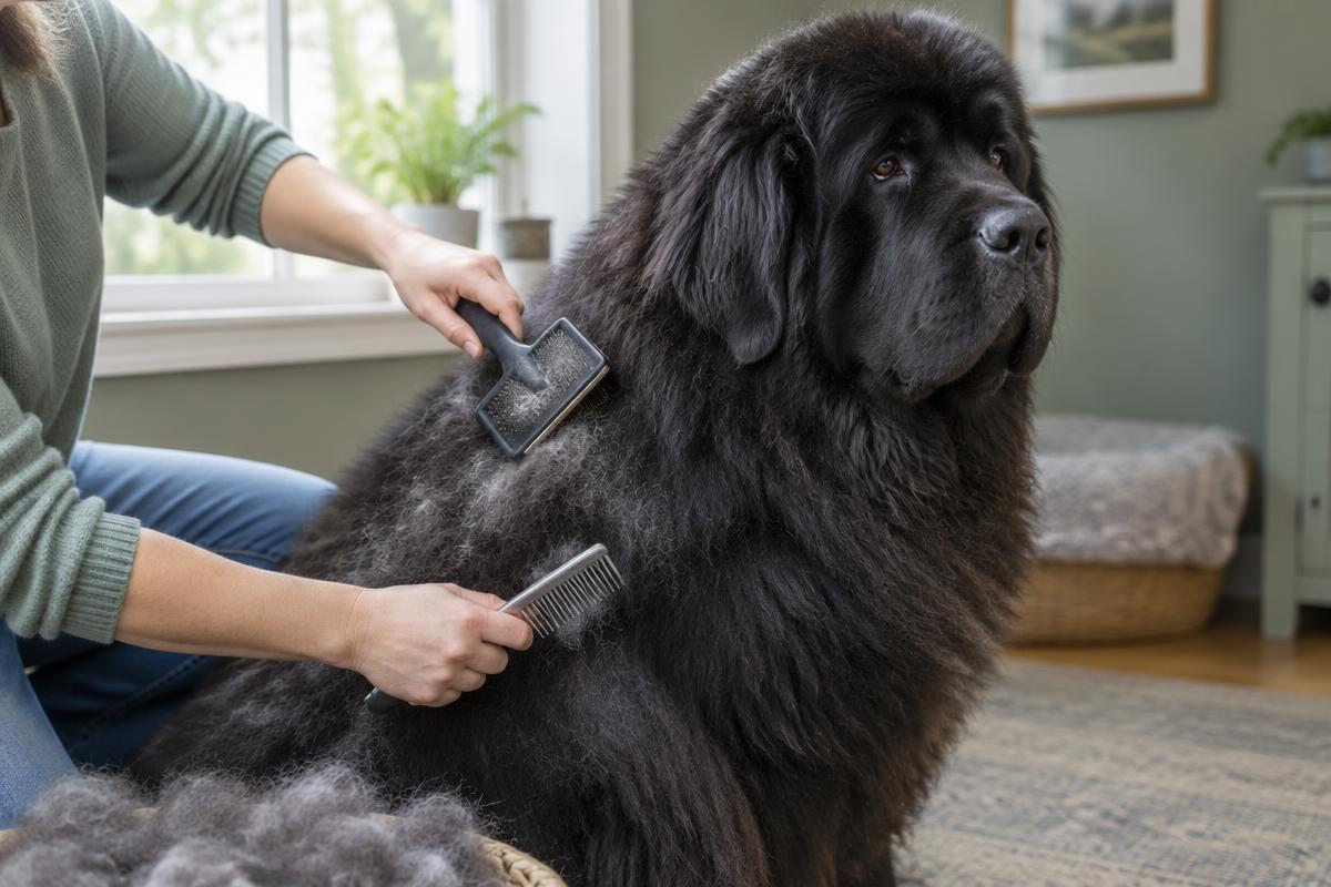 A person brushing a Newfoundland's coat with a rake style grooming tool