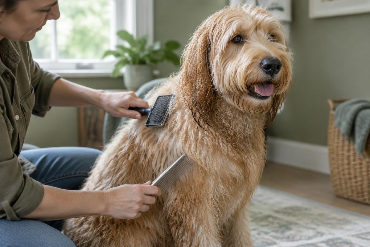 A groomer brushing a Goldendoodle's coat with a slicker brush