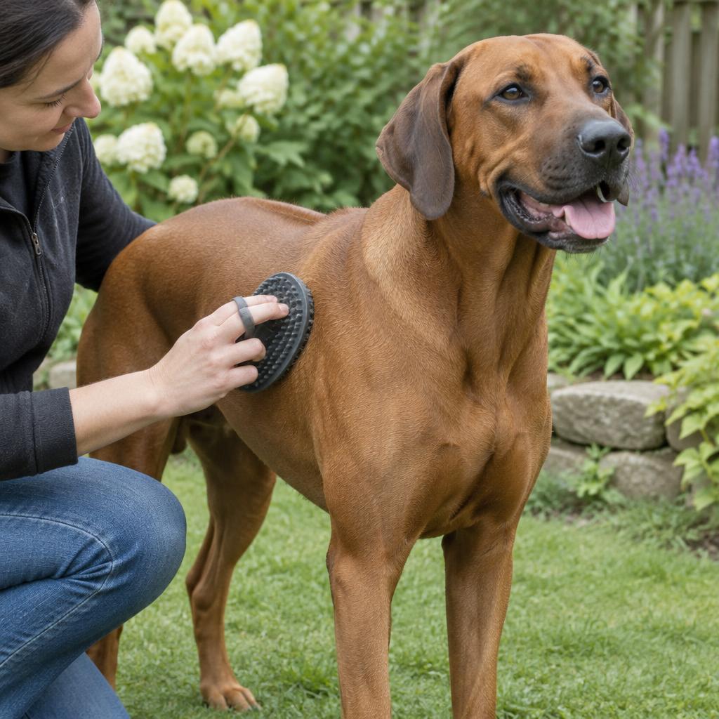 A person brushing a Rhodesian Ridgeback with a rubber curry brush