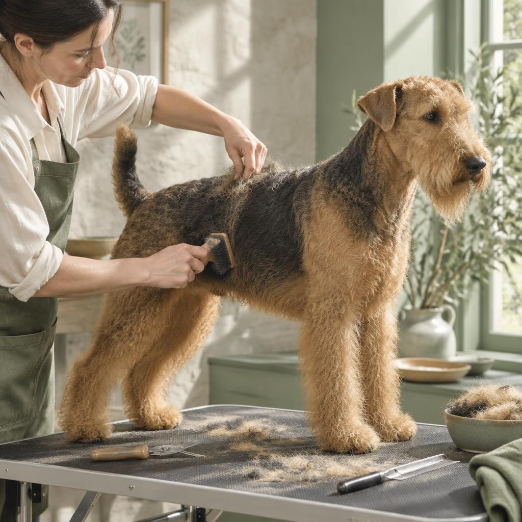 An Airedale Terrier being hand-stripped by a professional groomer